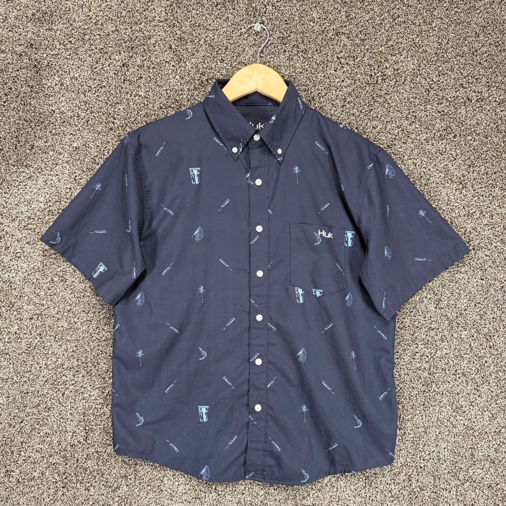 Huk Teaser Shirt Mens S Blue Big Shrimpin' AOP Short Sleeve Fishing Performance